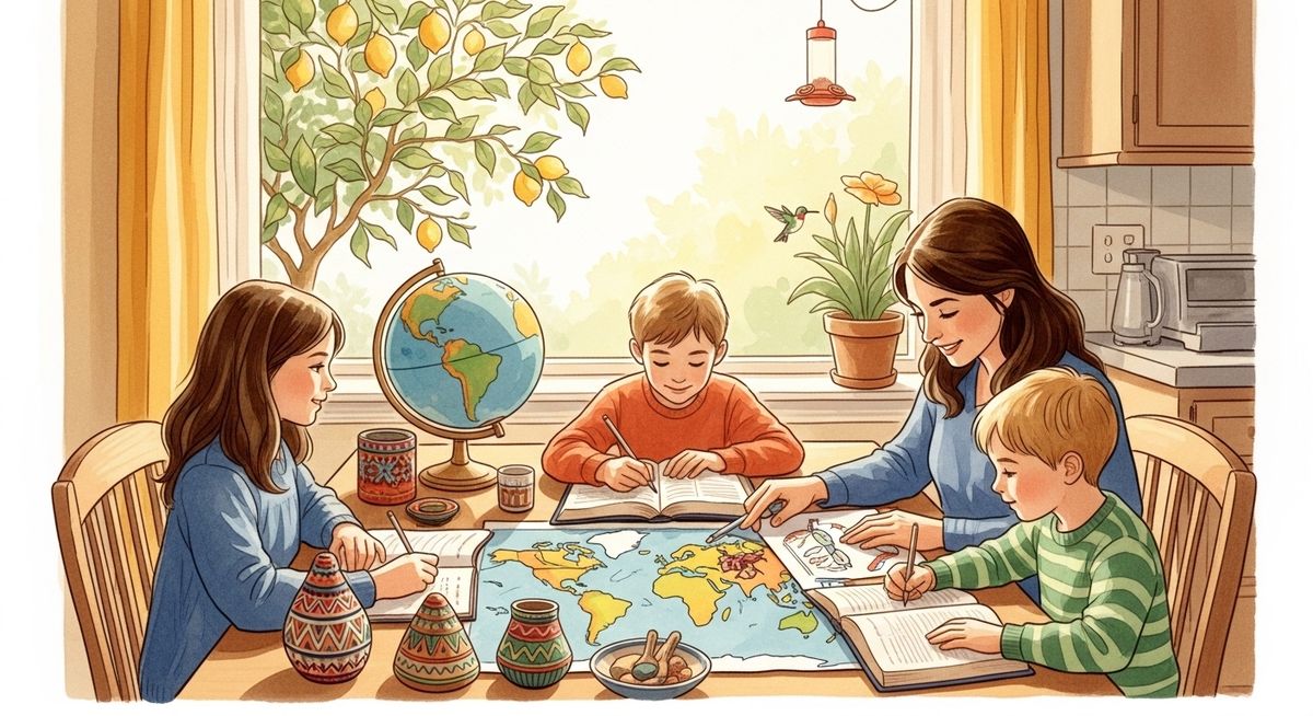 California family studying world missions together at a sunlit kitchen table