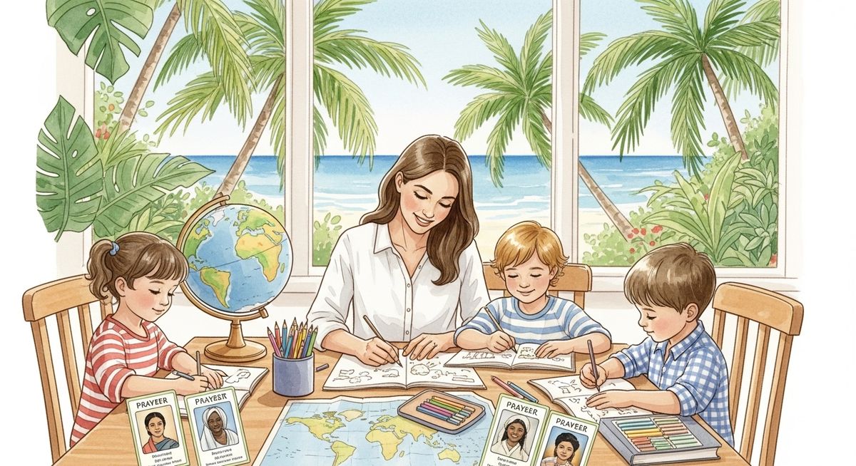 Florida family studying world missions together at their kitchen table with palm trees outside