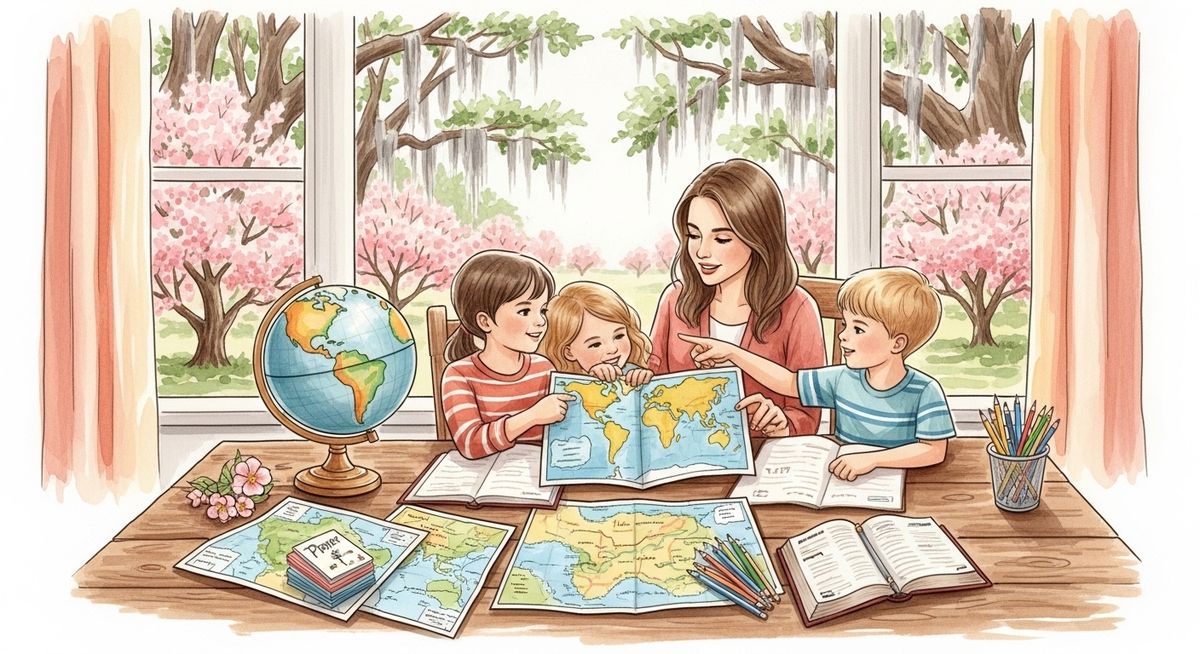 Georgia family studying world missions at a farmhouse kitchen table with peach trees outside