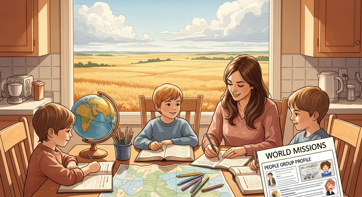 Illinois family studying world missions at their kitchen table with prairie landscape outside
