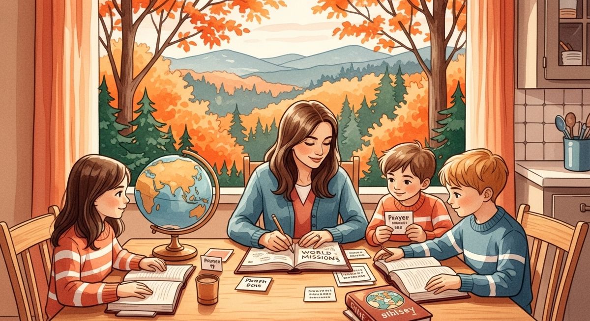 North Carolina family studying world missions together at their kitchen table in autumn