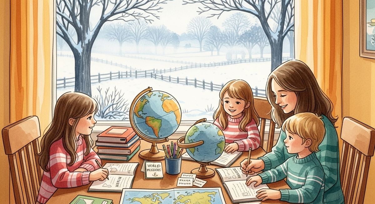 New York family studying world missions at their kitchen table with snow outside
