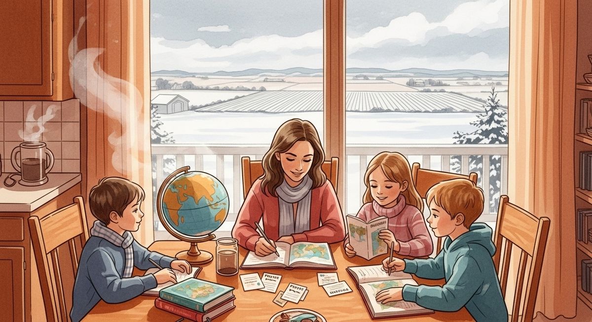 Ohio family studying world missions at their kitchen table on a winter morning