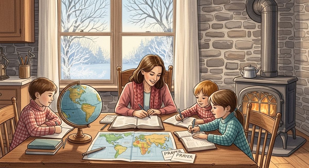 Pennsylvania family studying world missions at a farmhouse kitchen table on a frosty morning