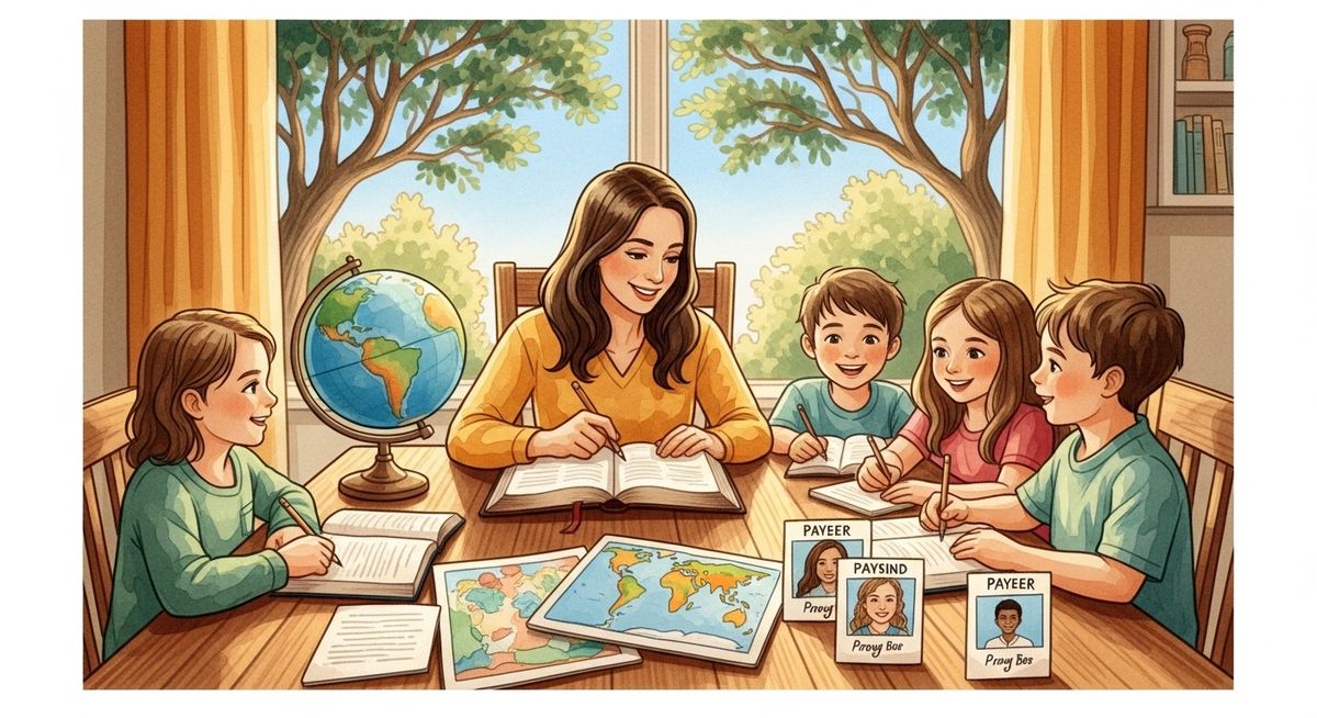 Texas family studying world missions together at their kitchen table with a globe and open Bible