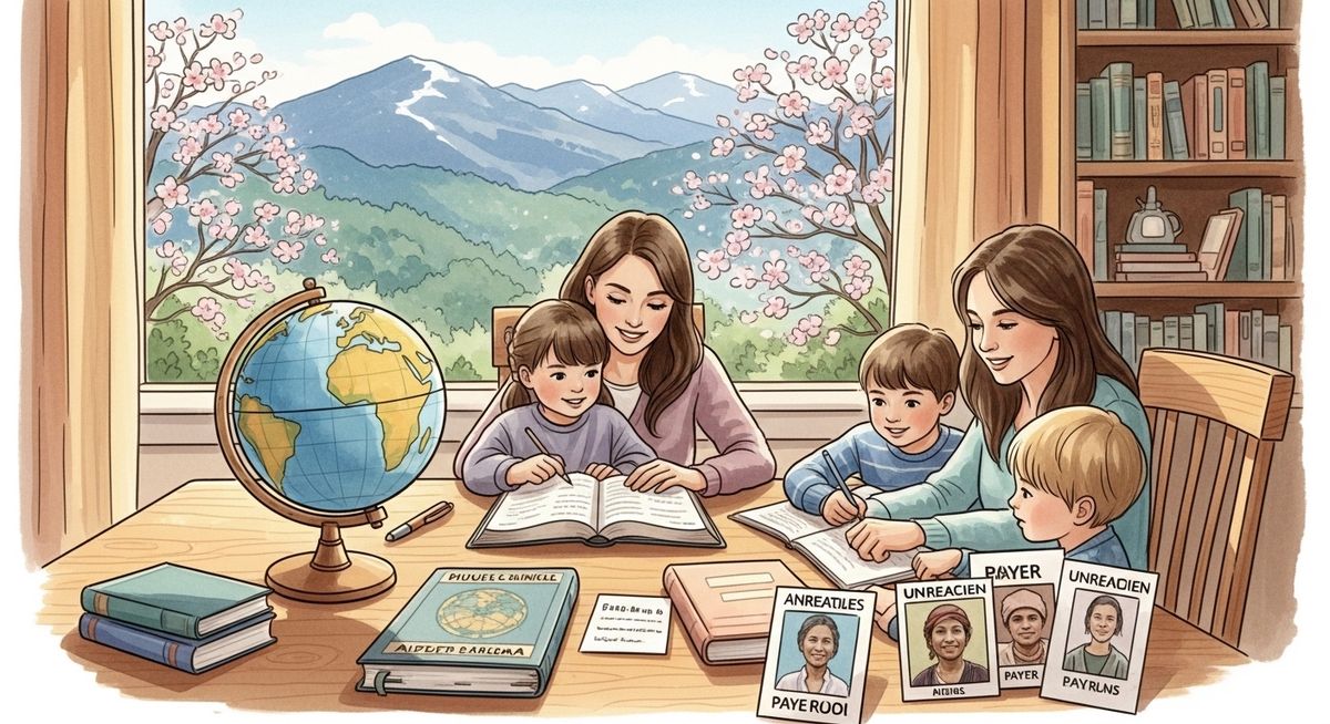 Virginia family studying world missions with Blue Ridge mountains visible through the window