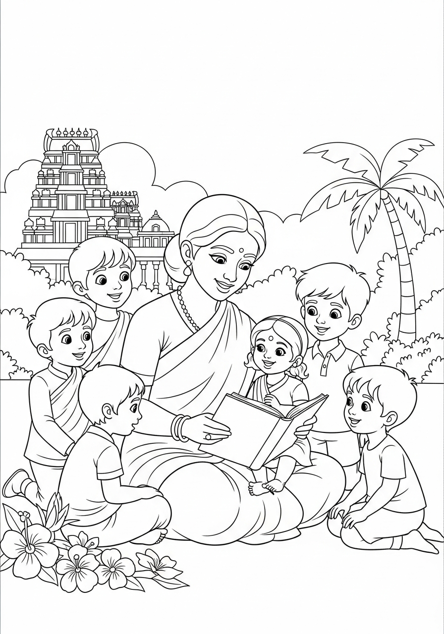 Christian coloring page: Amy Carmichael missionary reading to children in India