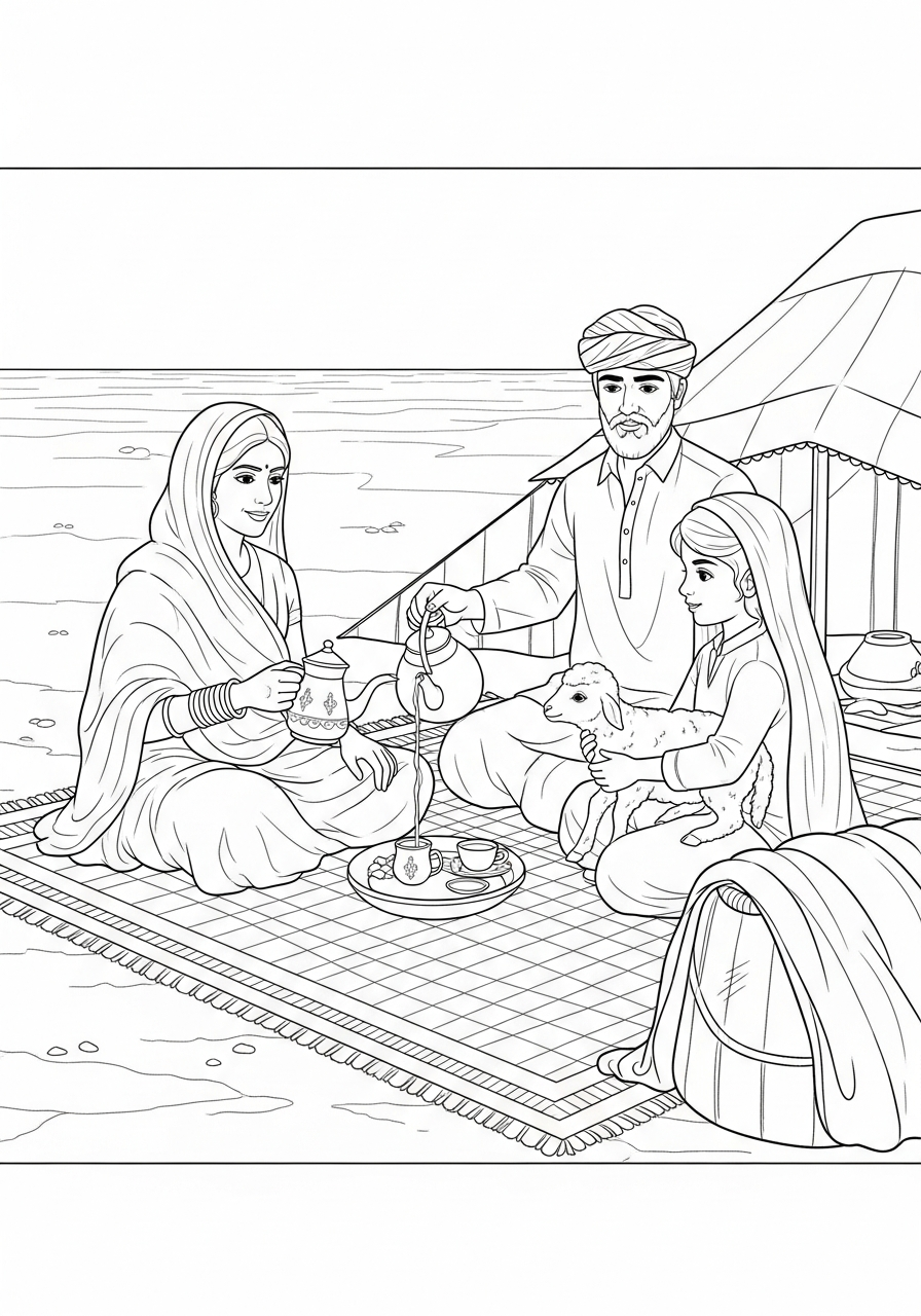 Coloring page: A Baloch family outside their desert tent in Pakistan