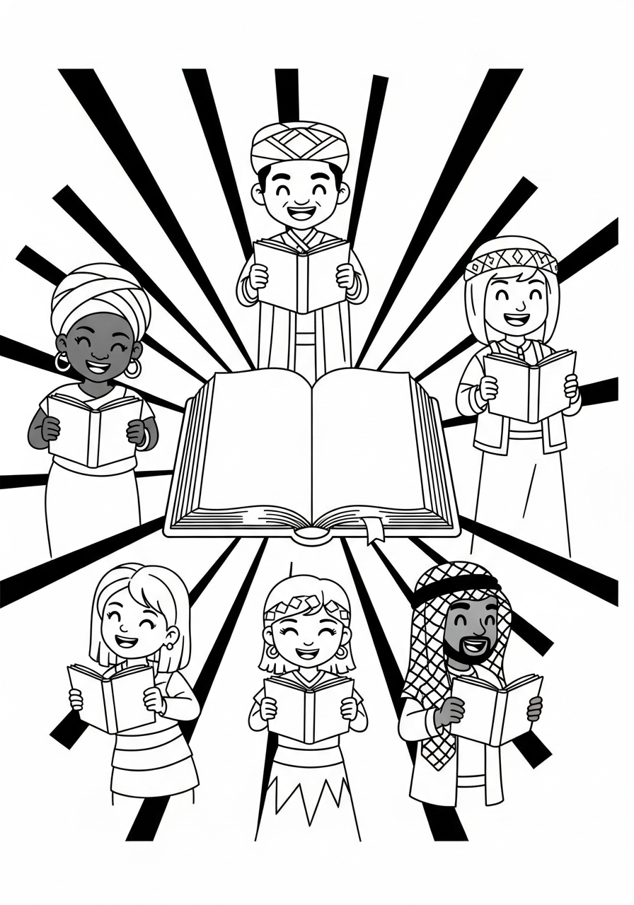 Christian coloring page: Bible translation with people from many cultures reading Scripture