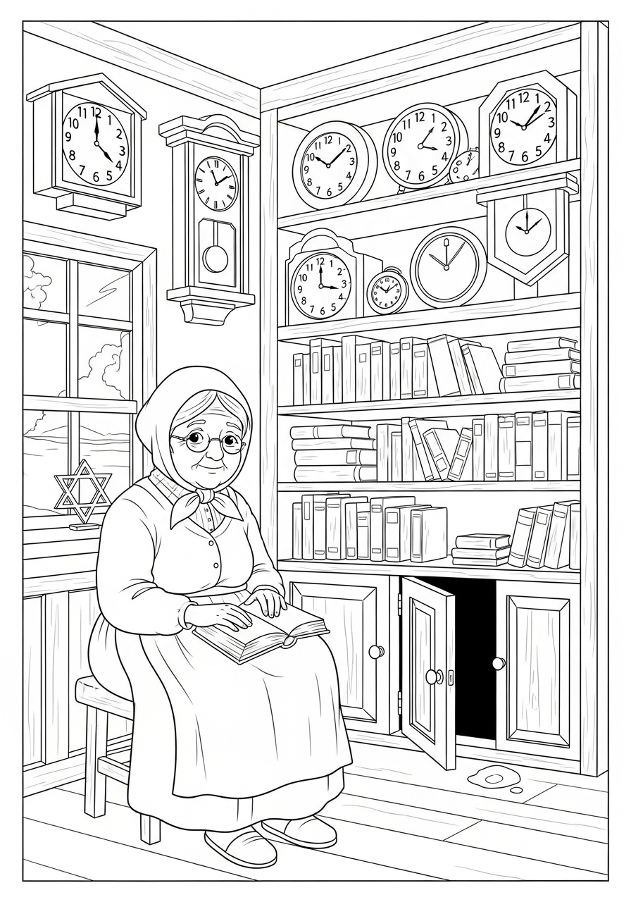 Christian coloring page: Corrie ten Boom in her Dutch clock shop with a Bible