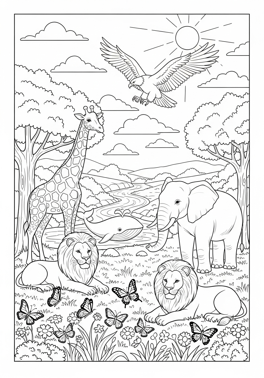 Coloring page: God's creation with animals in a garden