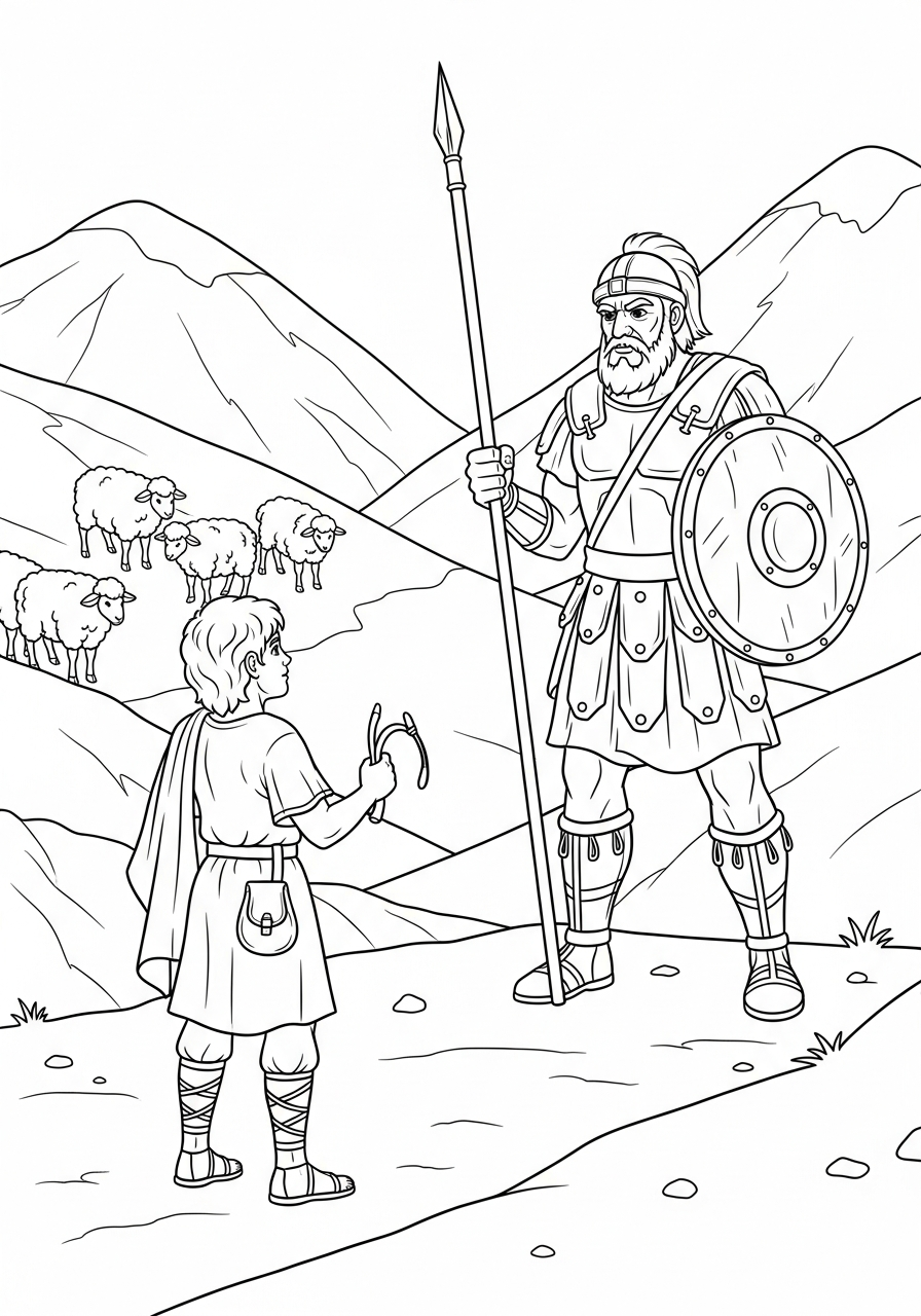 Coloring page: David facing Goliath with a sling