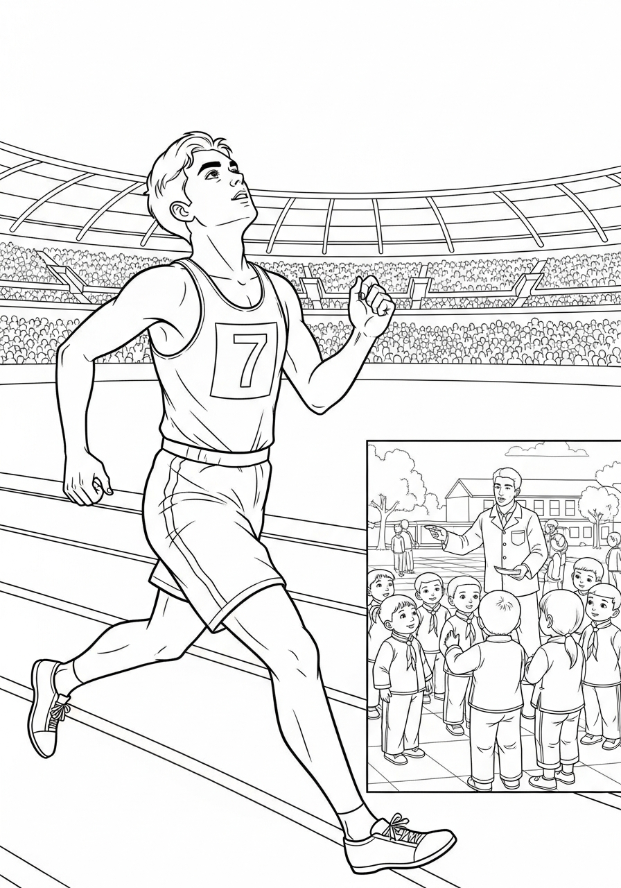 Christian coloring page: Eric Liddell running in the Olympics and teaching in China