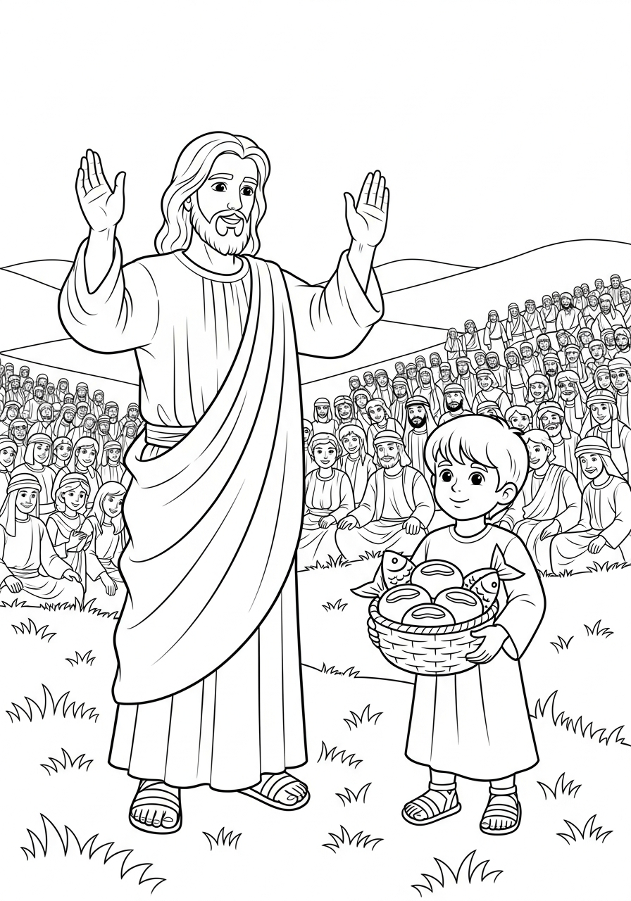 Coloring page: Jesus feeding the five thousand with a boy's loaves and fish