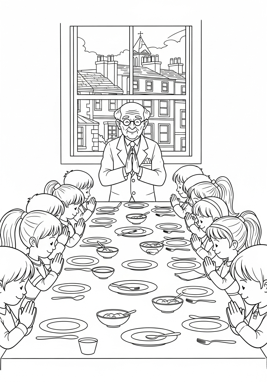 Christian coloring page: George Muller praying with orphans at the dinner table