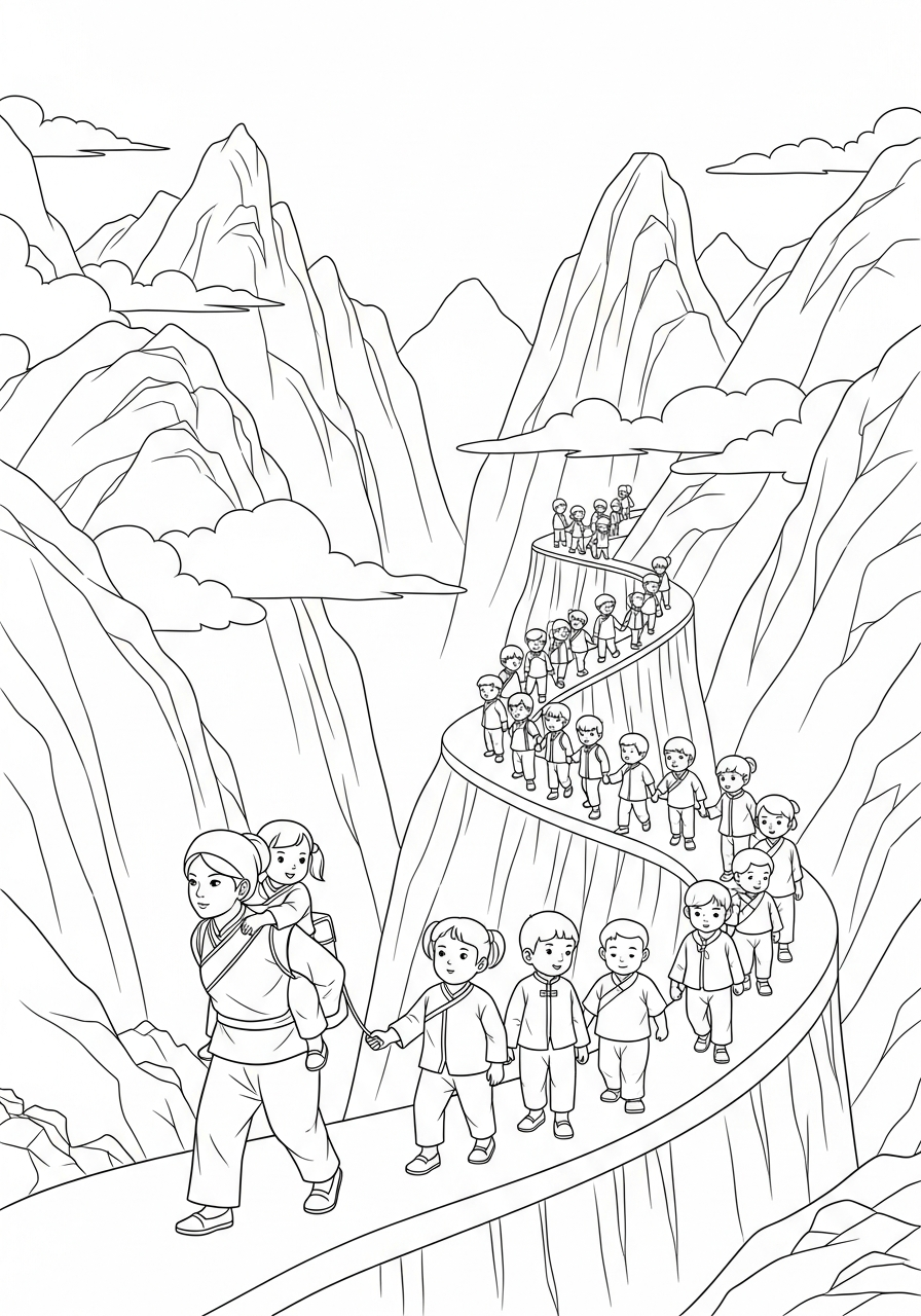 Christian coloring page: Gladys Aylward leading children over Chinese mountains