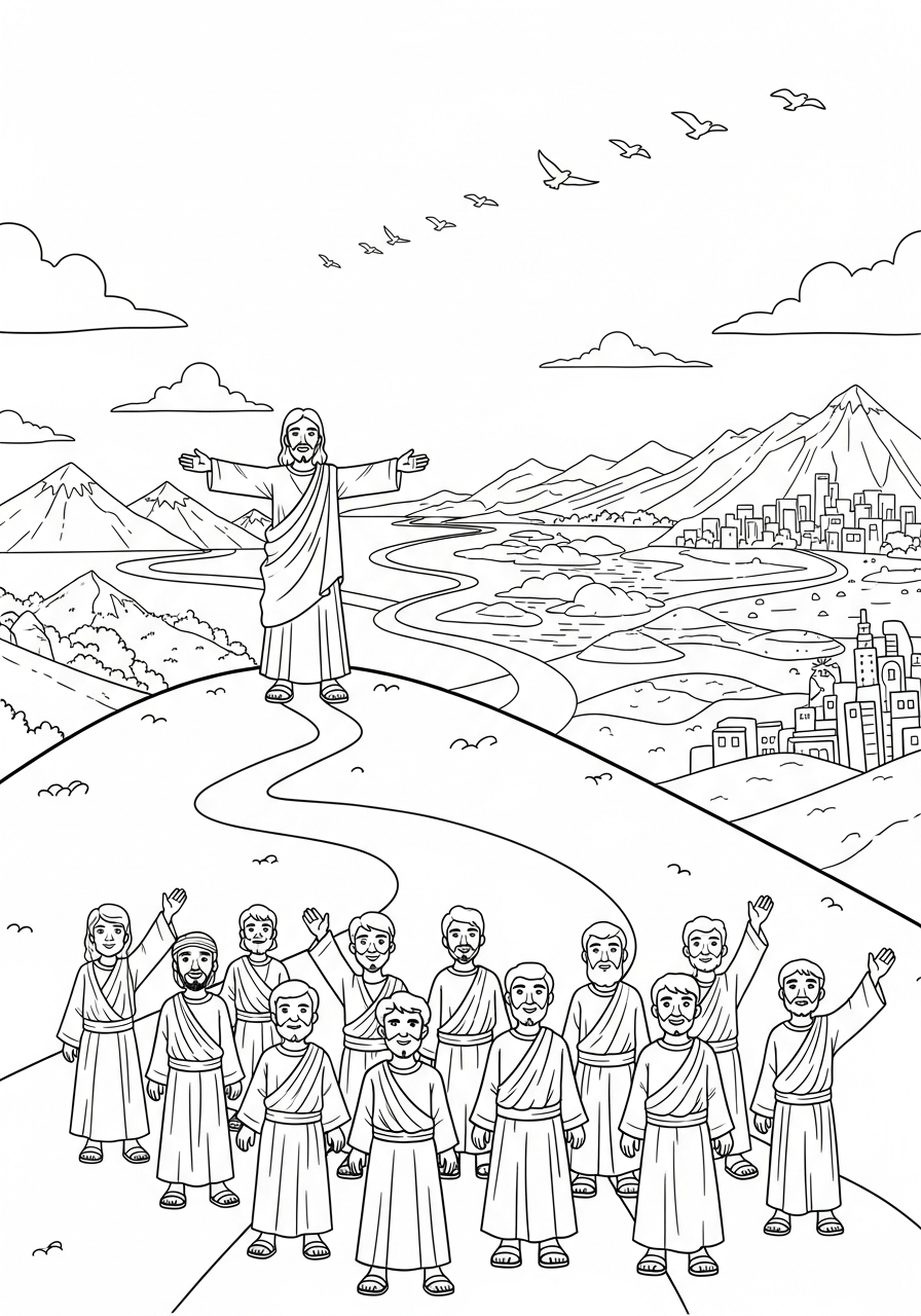 Christian coloring page: Jesus sending his disciples to the nations — the Great Commission
