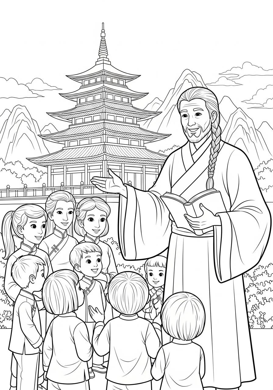 Christian coloring page: Hudson Taylor missionary in China with children