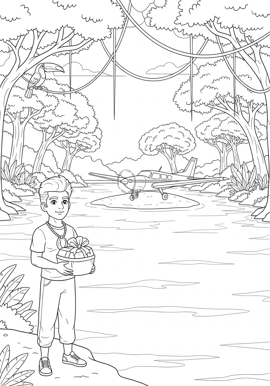 Christian coloring page: Jim Elliot missionary by a jungle river in Ecuador