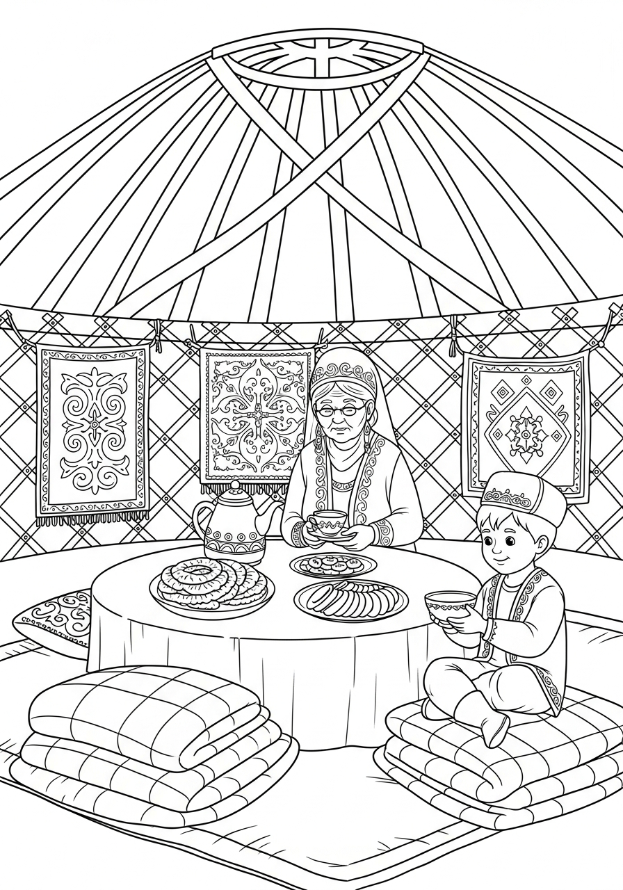Coloring page: A Kazakh grandmother serving tea inside a yurt