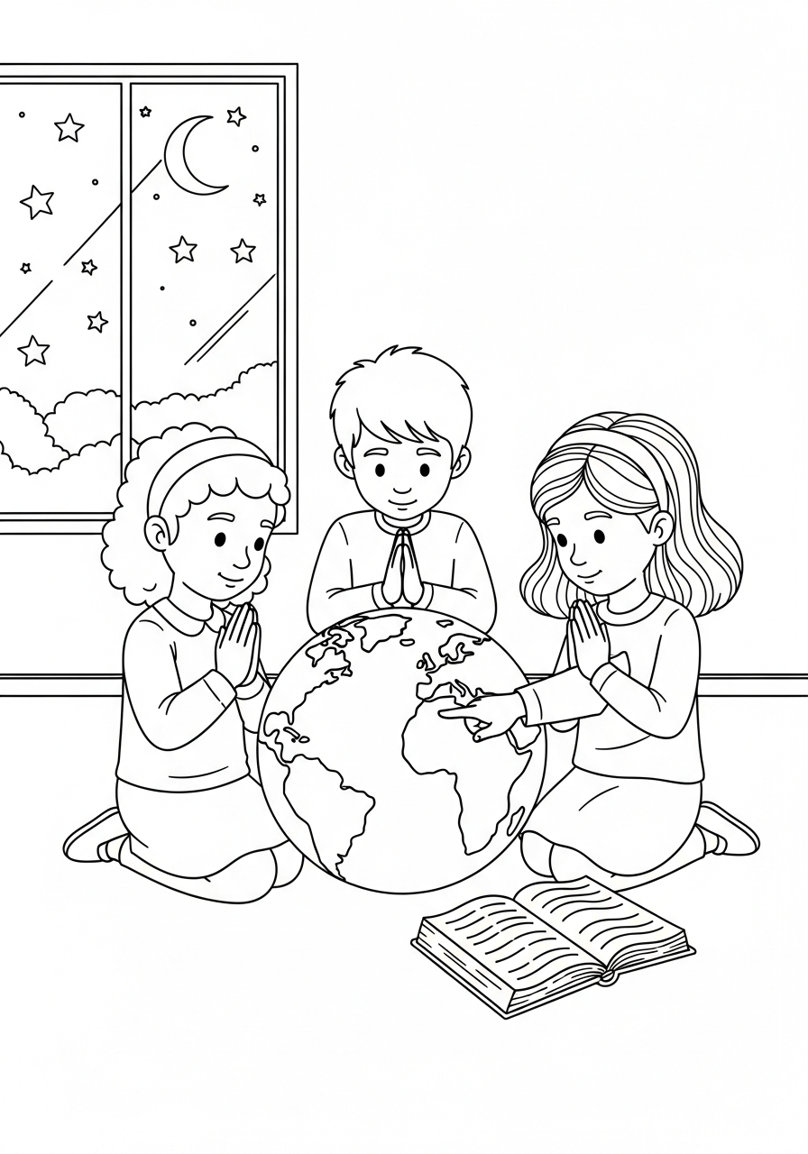 Christian coloring page: children of different ethnicities praying around a globe