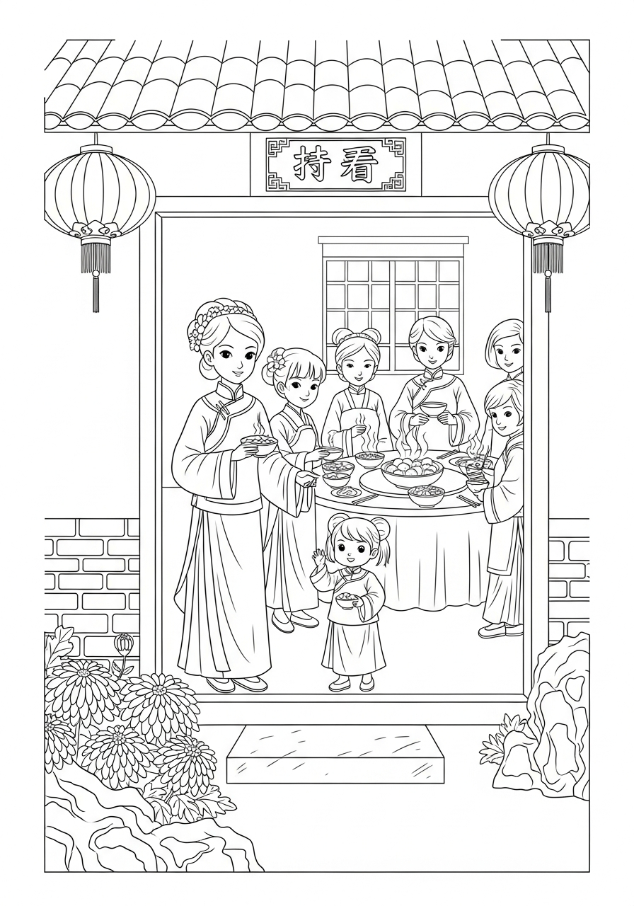 Christian coloring page: Lottie Moon welcoming Chinese families into her home