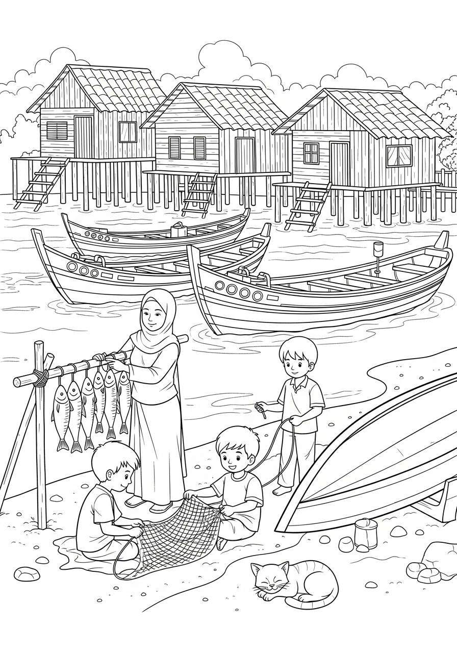 Coloring page: A Malay fishing village with houses on stilts