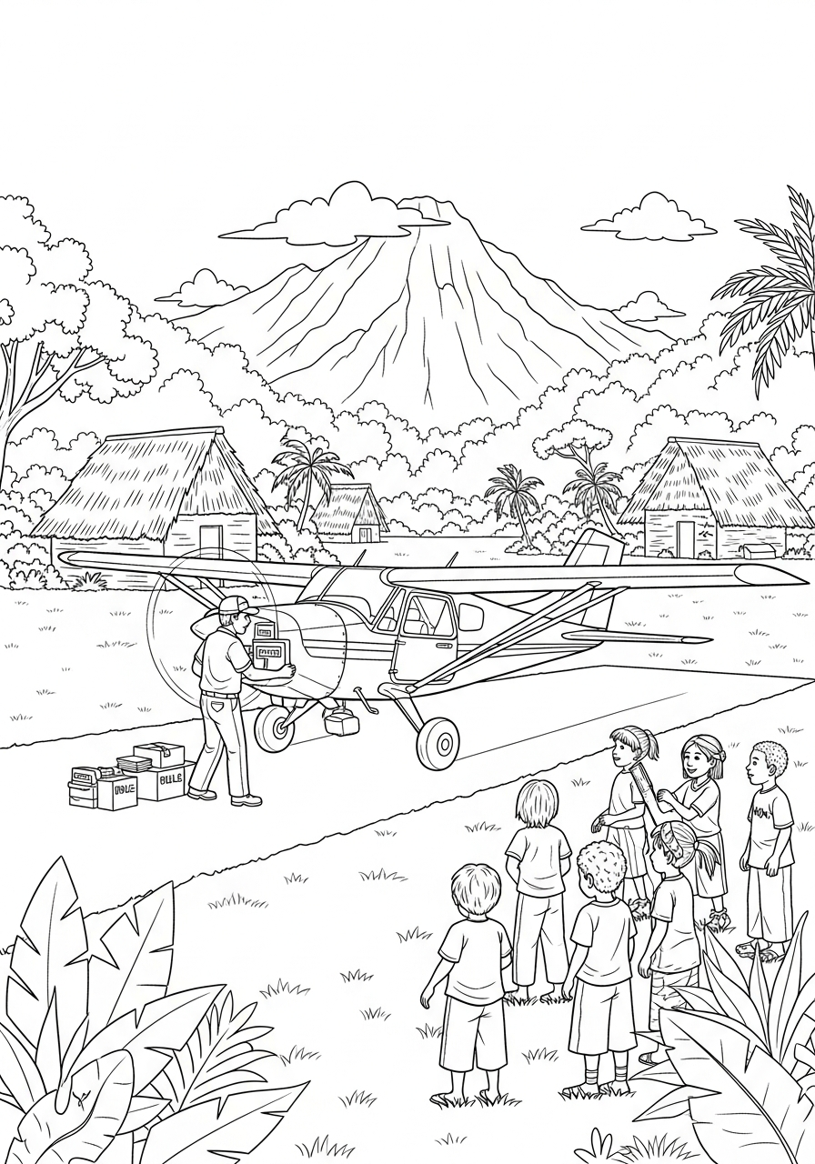 Christian coloring page: missionary bush airplane delivering Bibles to a jungle village