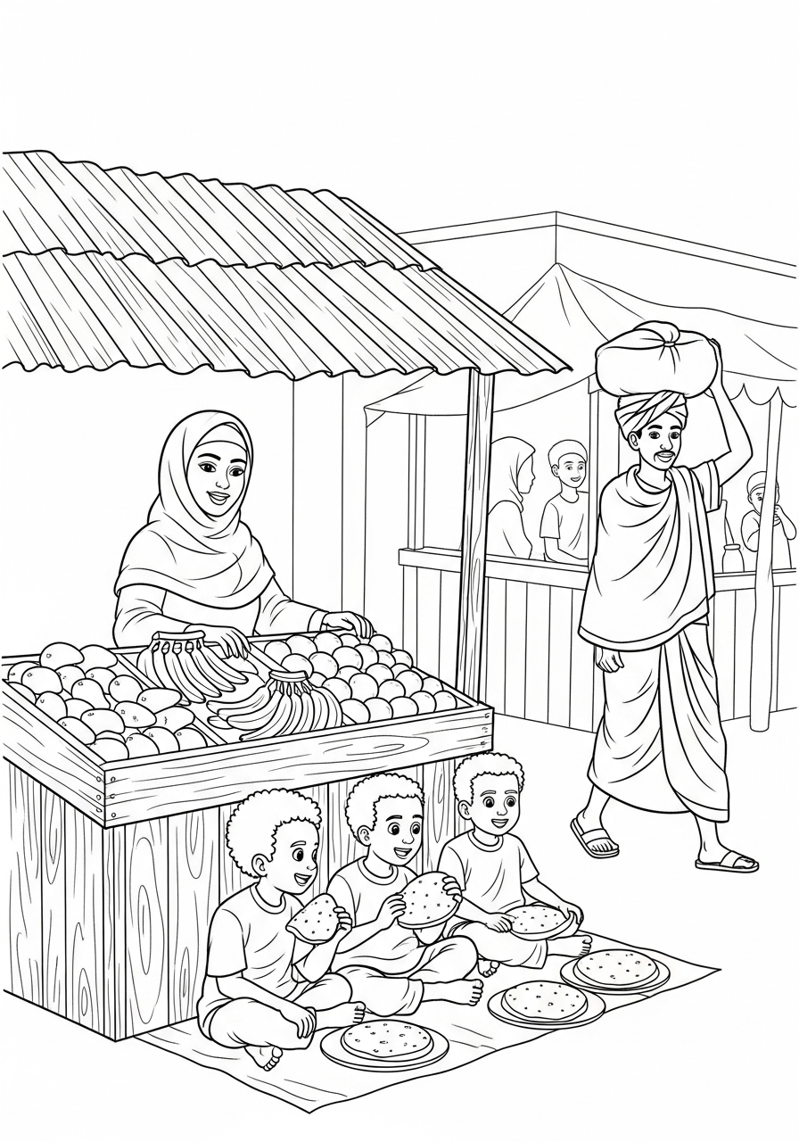 Coloring page: A Somali market scene in East Africa
