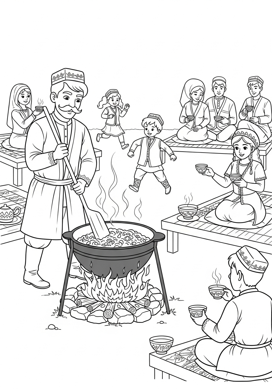 Coloring page: An Uzbek wedding feast with a man stirring plov