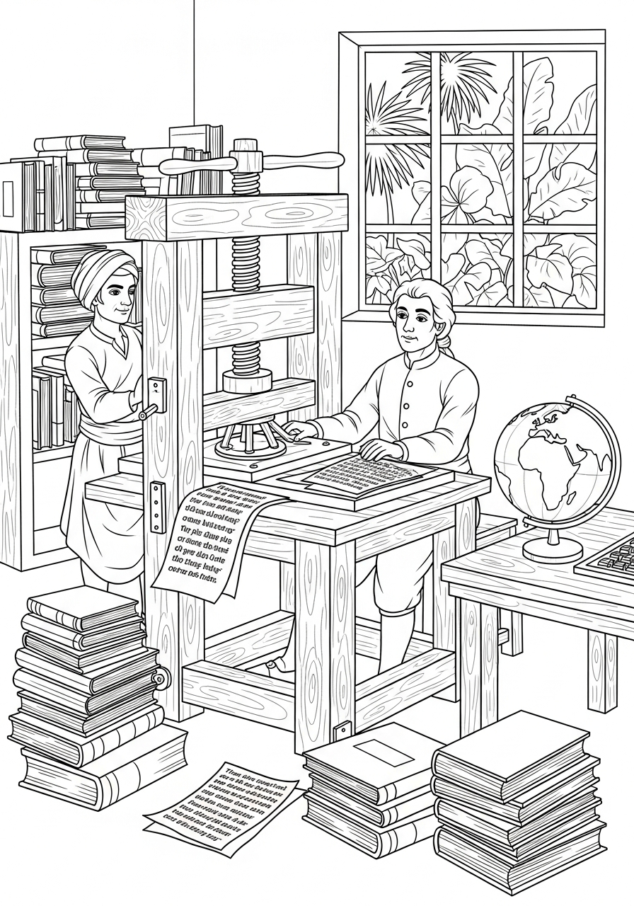 Christian coloring page: William Carey at his printing press translating the Bible in India