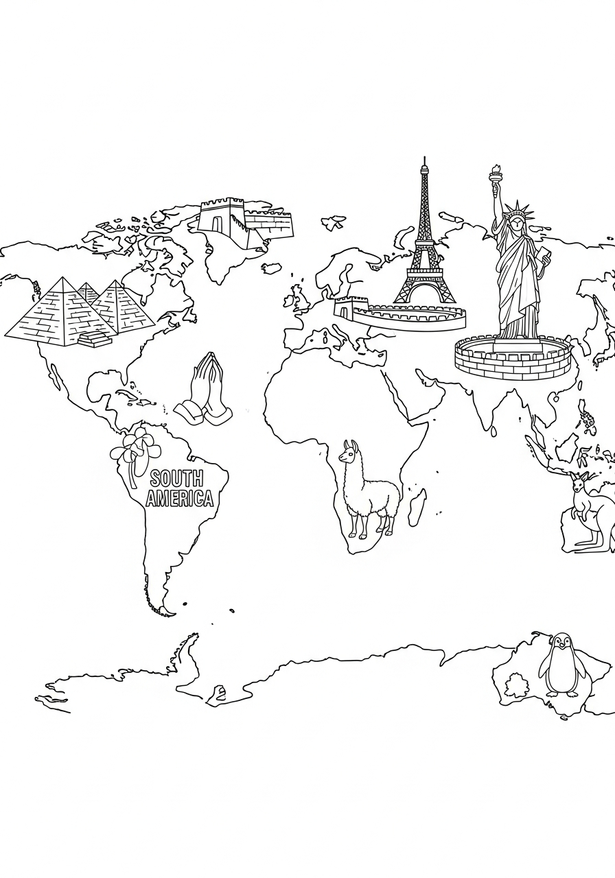 Christian coloring page: world map with landmarks and praying hands for missions prayer