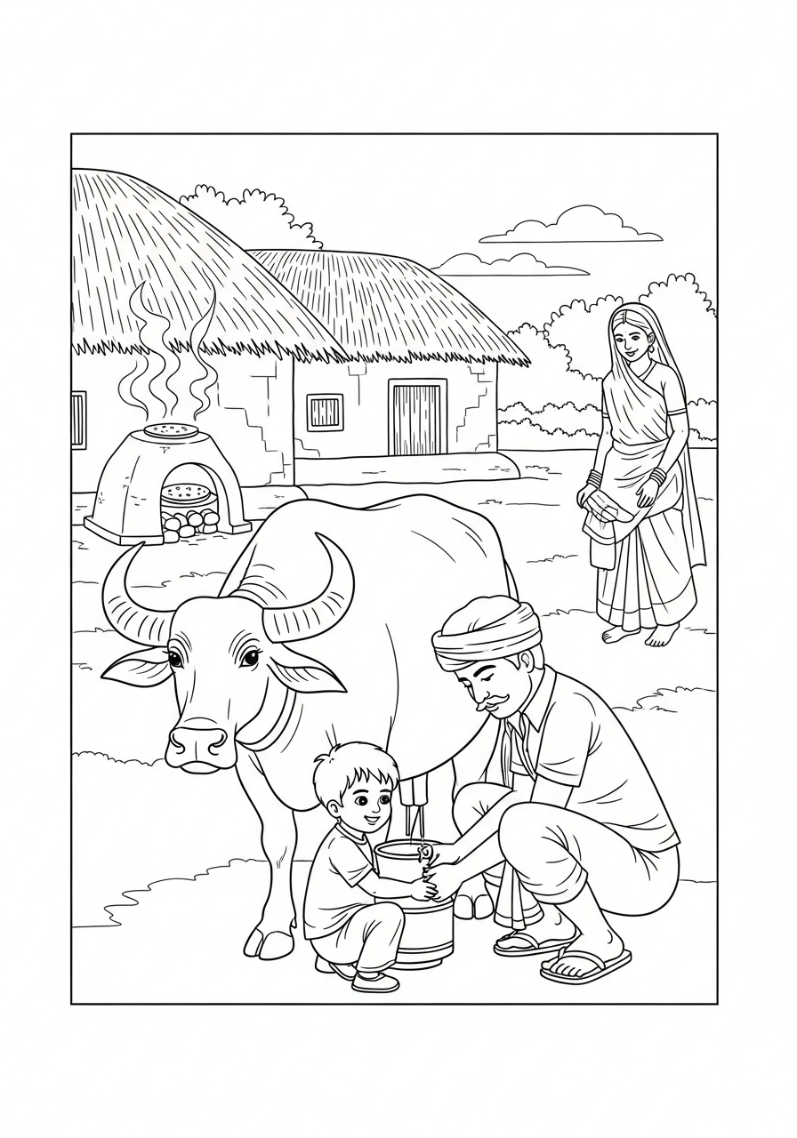 Coloring page: A Yadav family milking a water buffalo at dawn in India