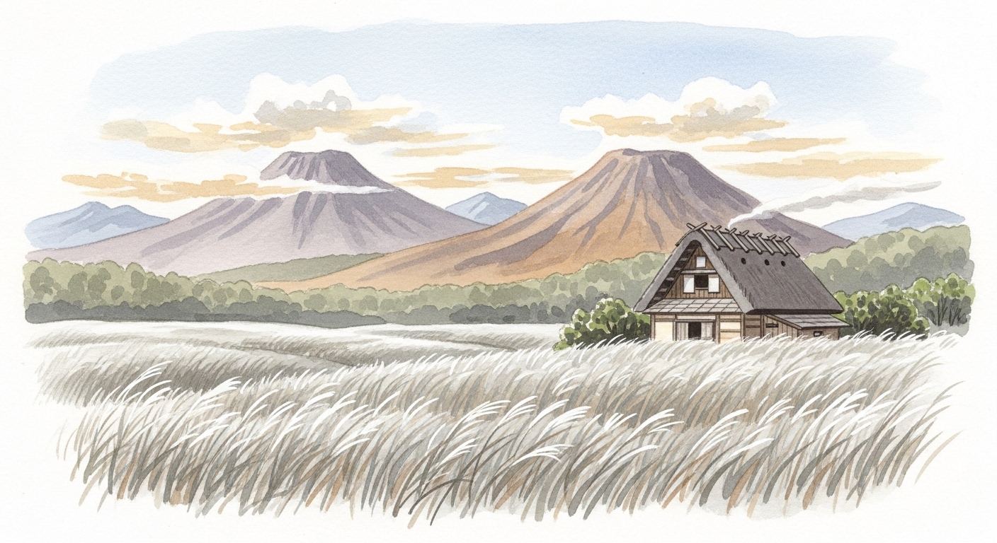 Silver grass plains and volcanic mountains of Hokkaido, homeland of the Ainu