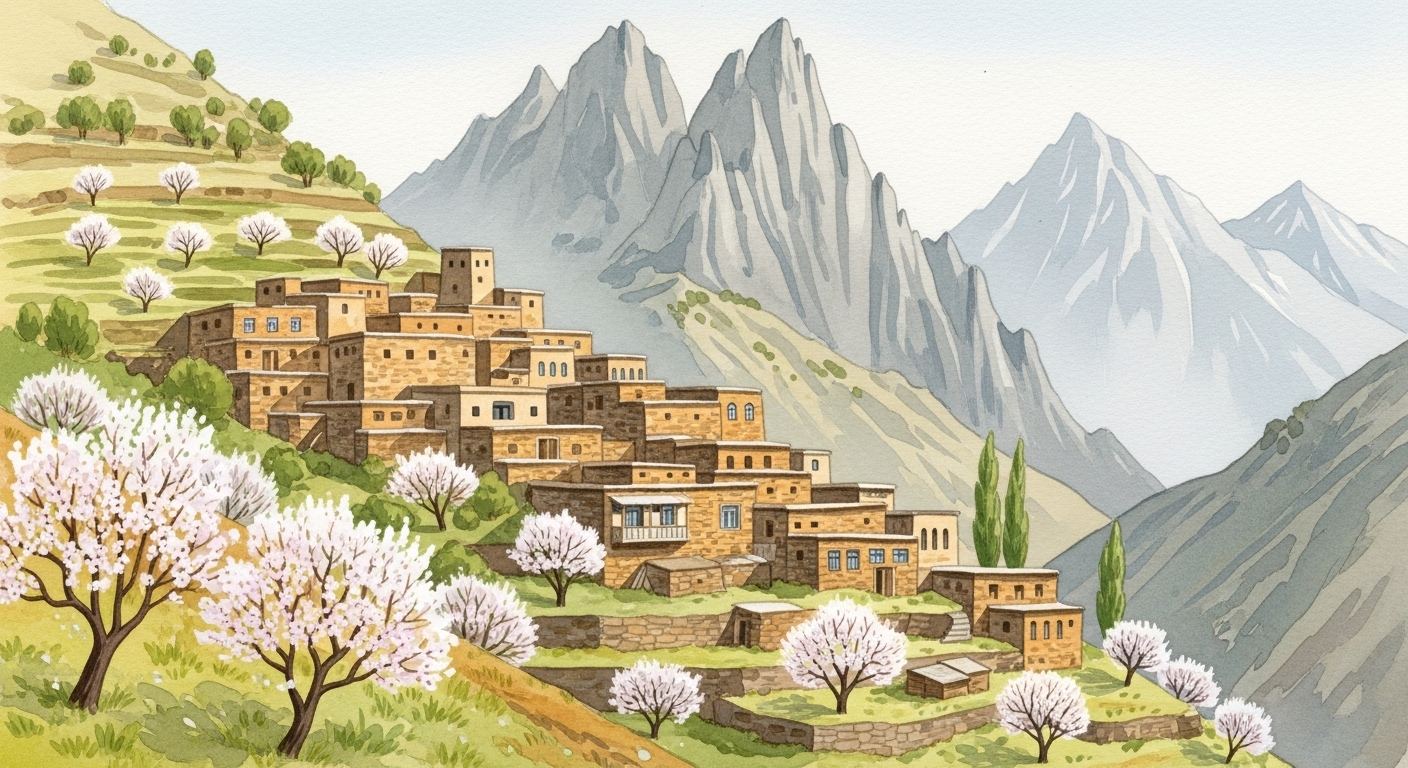 Stone village terraced into the mountains of Dagestan, home of the Botlikh