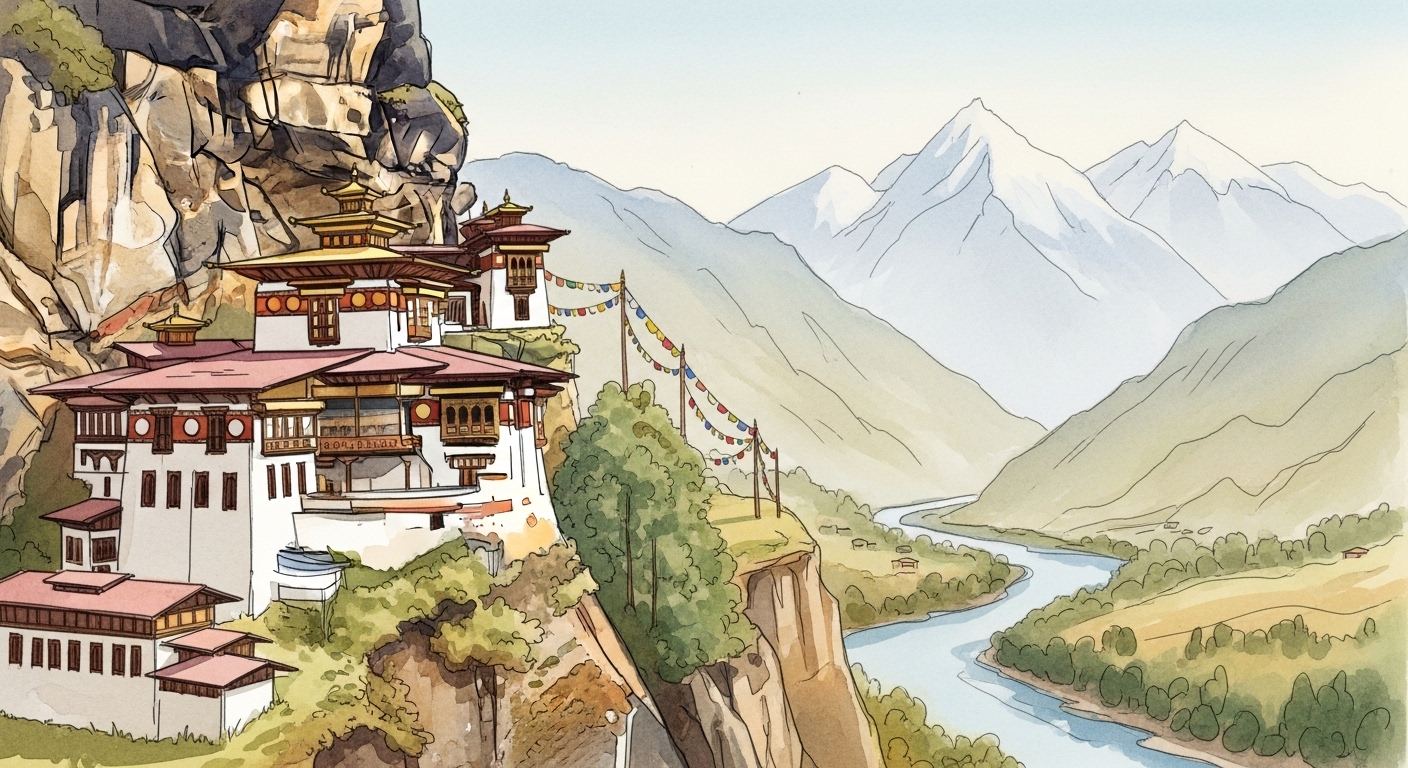 A white dzong fortress above a river valley in Bhutan, land of the Drukpa