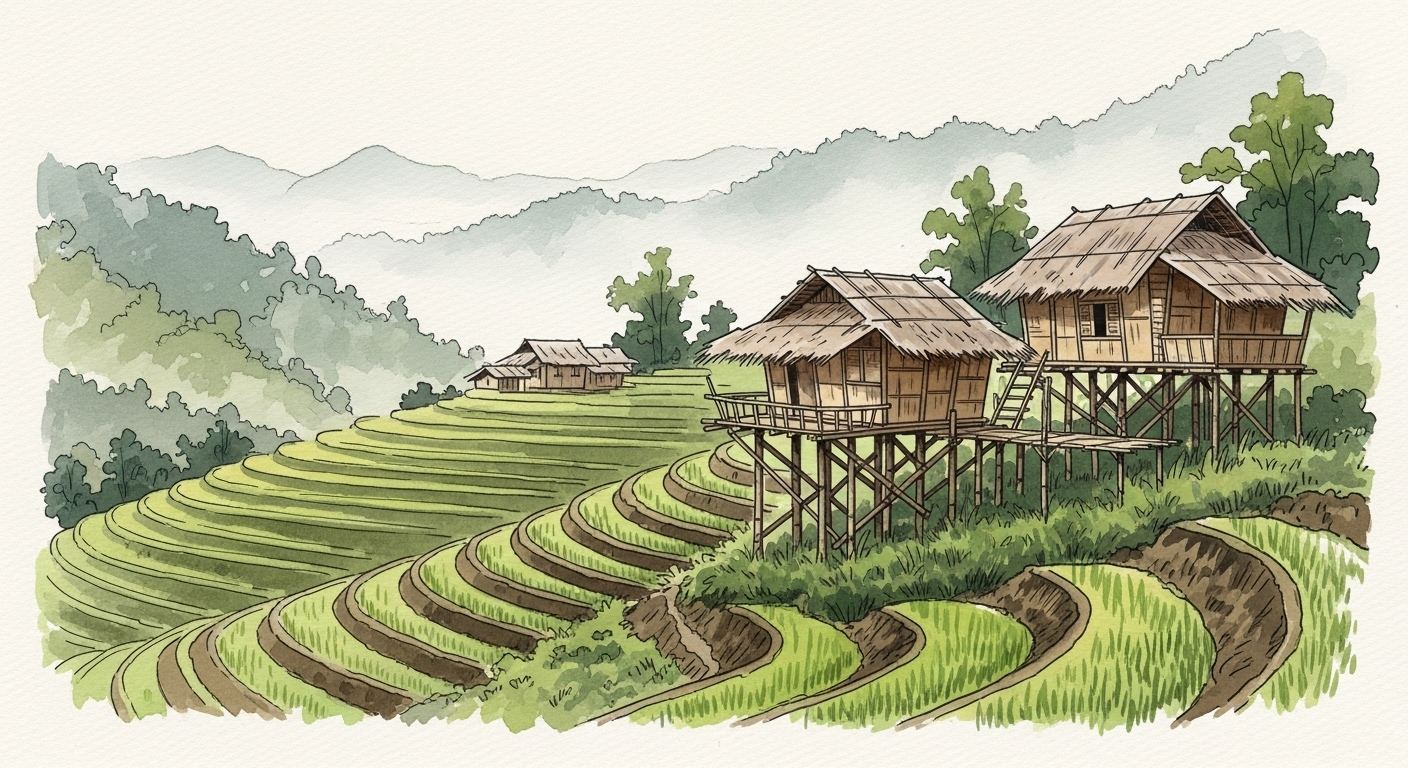 Bamboo stilt houses in the misty green hills of the Thailand-Myanmar border