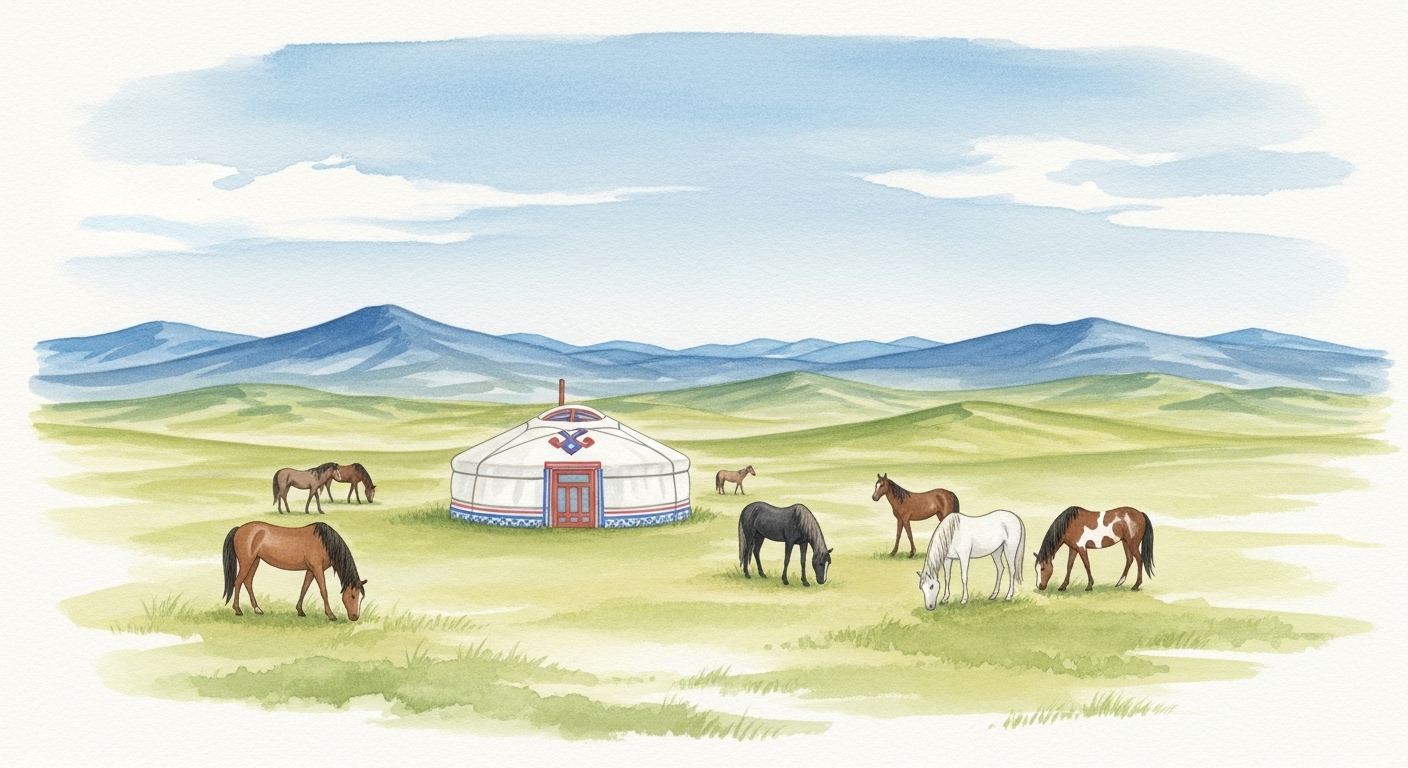 A white ger on the vast Mongolian steppe with grazing horses