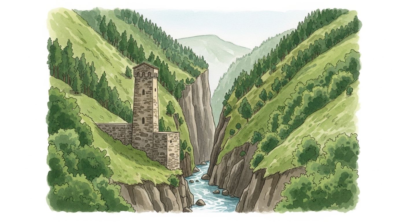 A green gorge with a stone watchtower in the Caucasus mountains of Georgia