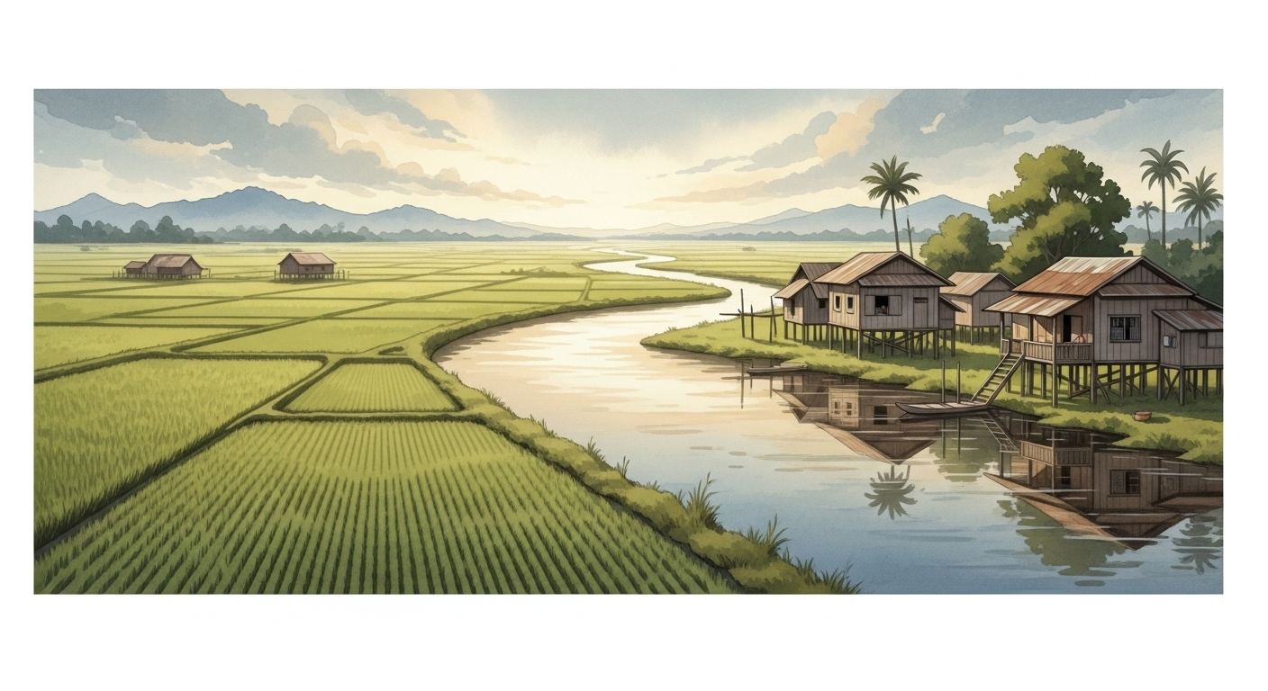 Green marshland and stilt houses along a river in Mindanao, Philippines