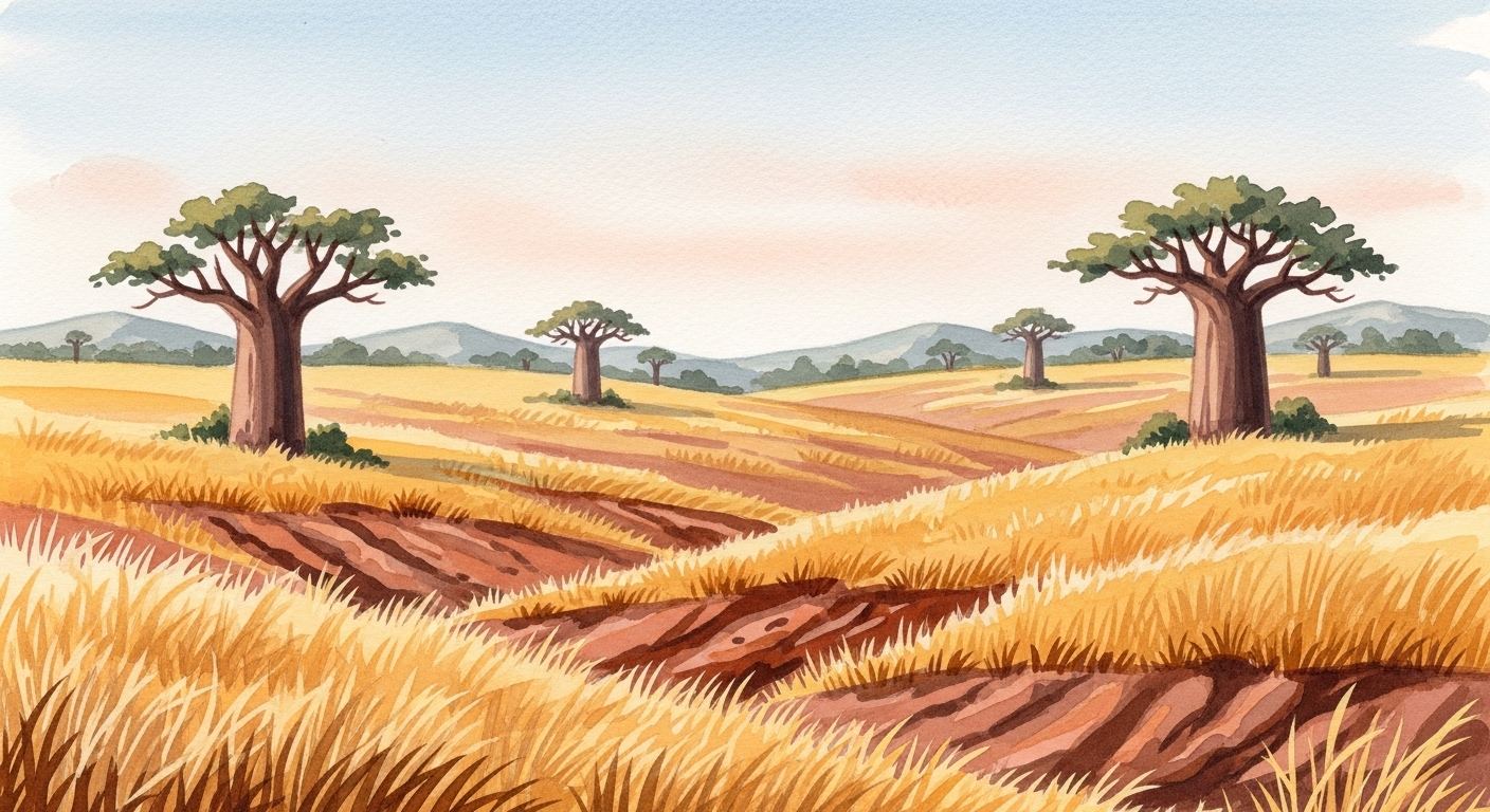 Dry savanna hills with baobab trees in southwestern Angola