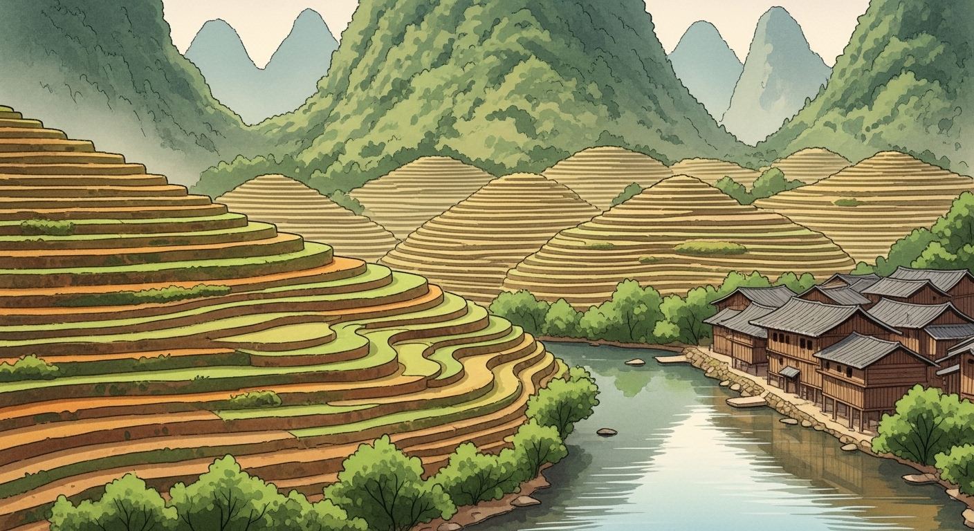 Green karst hills and terraced fields of Guizhou, China, homeland of the Shui