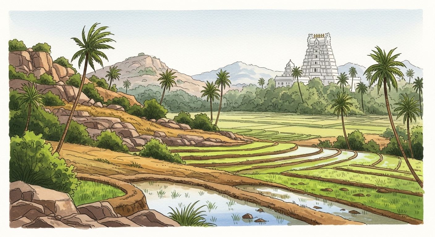 Rocky hills, rice paddies, and a temple tower in Andhra Pradesh, India