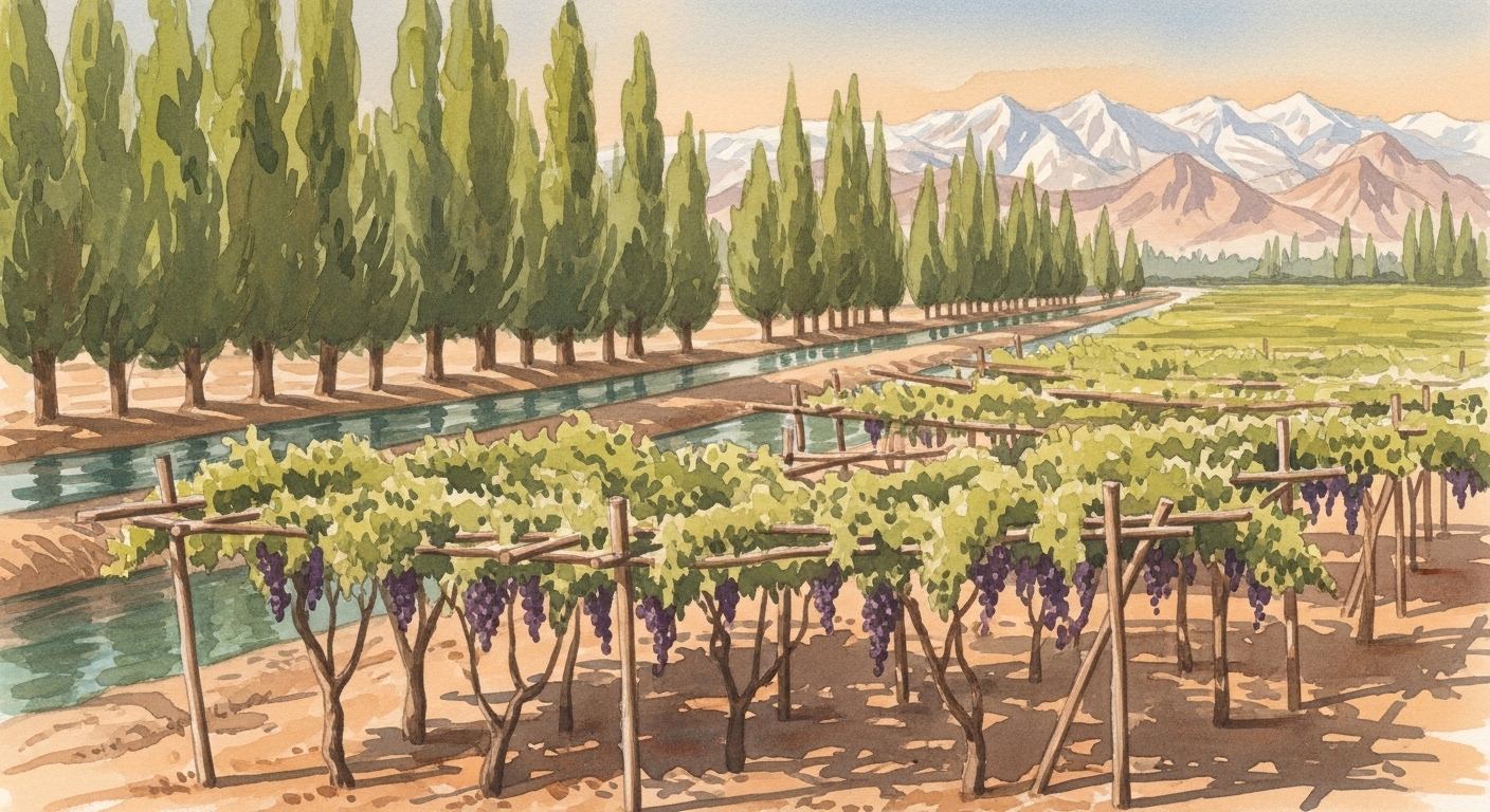 An oasis town with poplar trees and grapevines at the edge of the Taklamakan desert