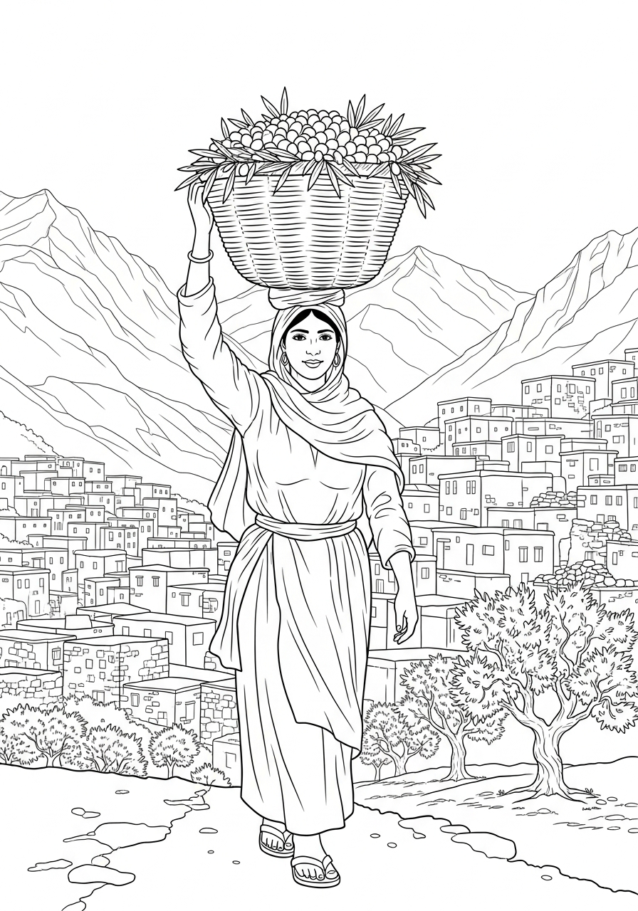 Prayer card illustration: A Berber woman carrying olives in Morocco