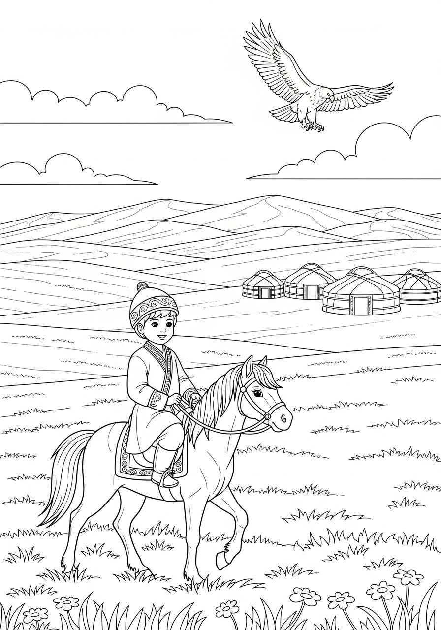 Prayer card illustration: A Kazakh child riding a horse across the steppe